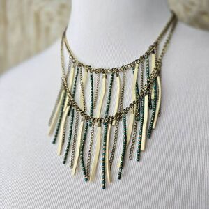 Double layer Fringe Bib Beaded Necklace Teal Bronze